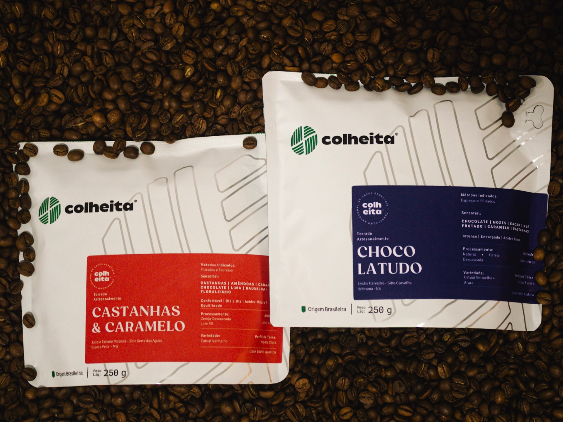 Pacotes Castanhas & Caramelo e Choco Latudo sobre grãos torrados
